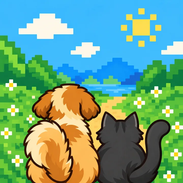 A fluffy golden dog and a black cat sit side by side on a sunny meadow trail, looking toward the mountains.